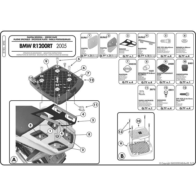 Givi TC-Trägerplatte Monokey® E193 für BMW R 1200 RT 2005-2013 - Motorradzubehör - Motorradgepäck
