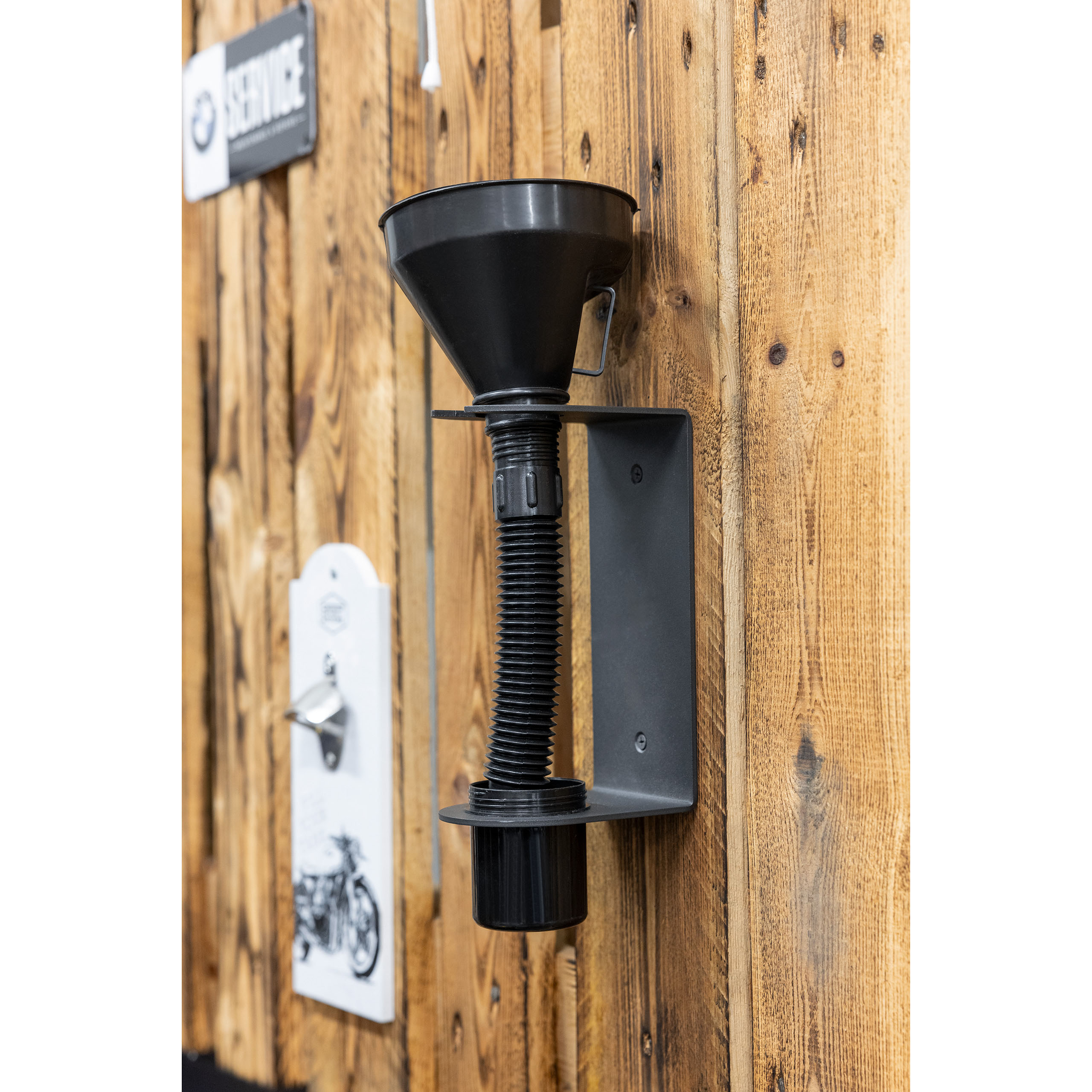 Hi-Q Tools Einfülltrichter mit Wandhalter und Auffangbehälter - Motorradzubehör - Werkstattzubehör
