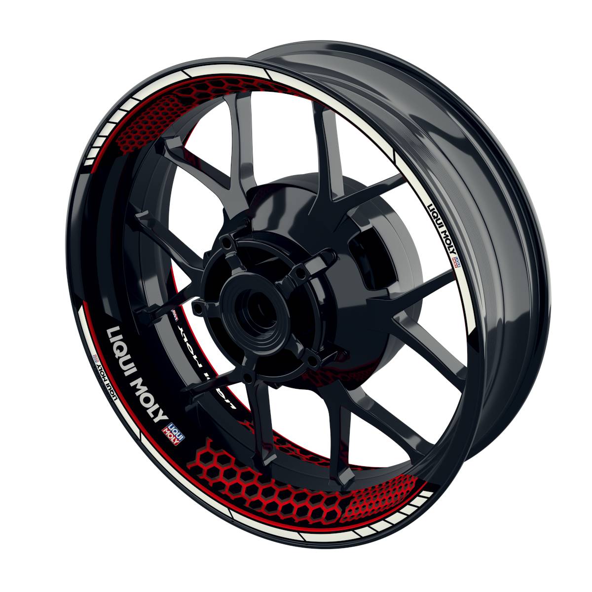 One-Wheel Felgenaufkleber Liqui Moly Hexagon geteilt schwarz rot glänz - Motorradteile & Ersatzteile - Verkleidungen & Abdeckungen